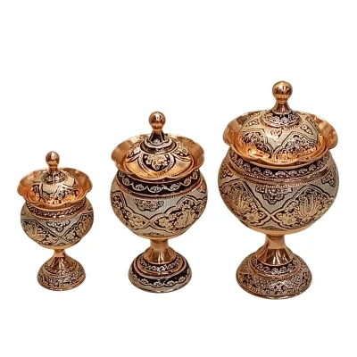 قندان مس نقره کوب پایه دار گرد دستساز نانو زنجان - تصویر 4