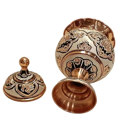 قندان مس نقره کوب پایه دار گرد دستساز نانو زنجان - تصویر 3